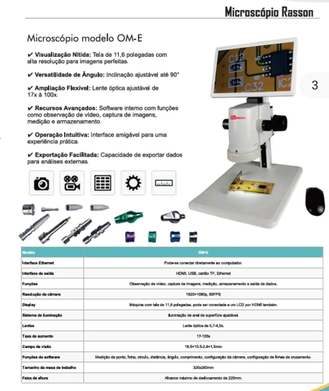 Microscópio de medição e inspeção visual Rasson modelo om-E